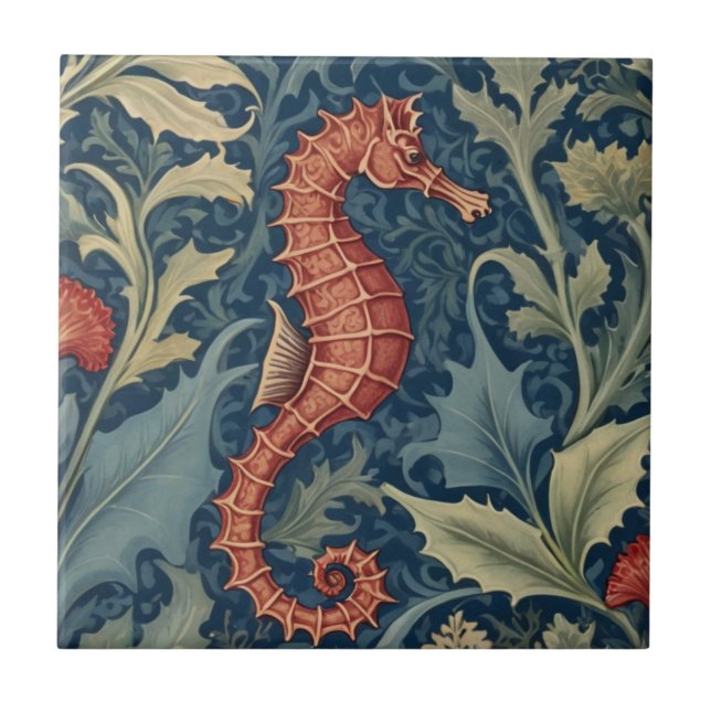 Seahorse William Morris style R Sea Ocean Marine Tile (Front)