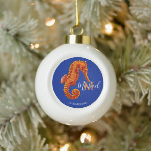 Seahorse with monogram ceramic ball christmas ornament