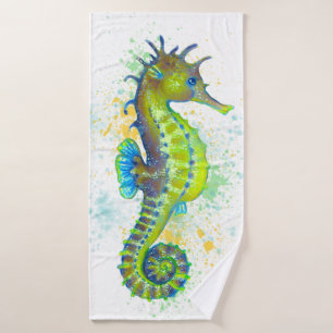 Seahorse Yellow Lime Green Splash Ink Bath Towel Set