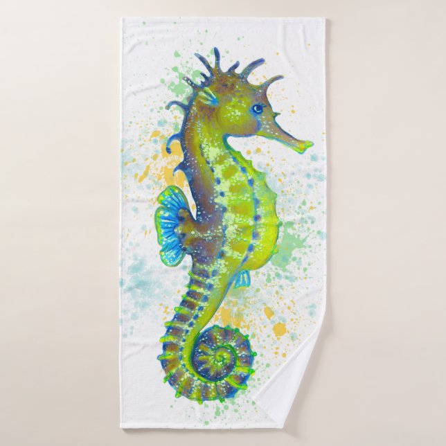 Seahorse Yellow Lime Green Splash Ink Bath Towel Set (Bath Towel)