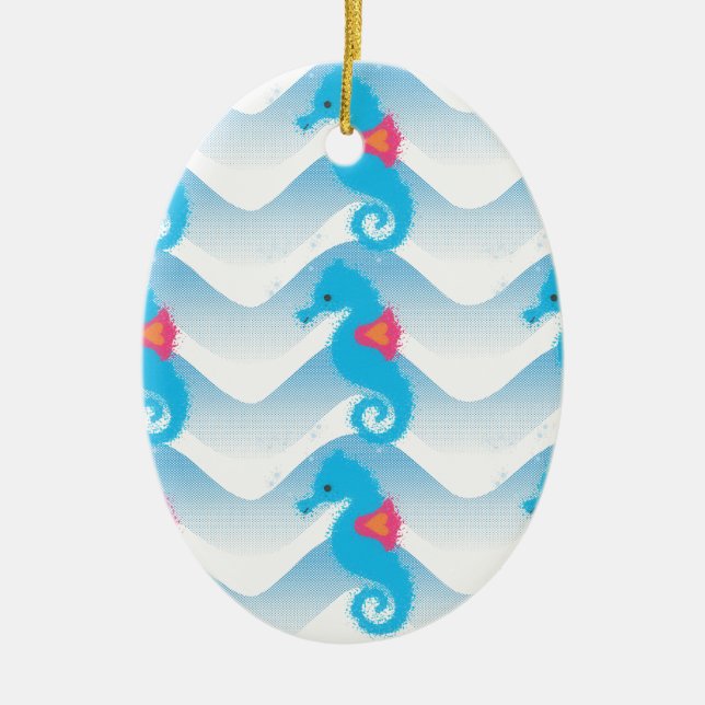Seahorses And Blue Waves Pattern Ceramic Ornament (Front)