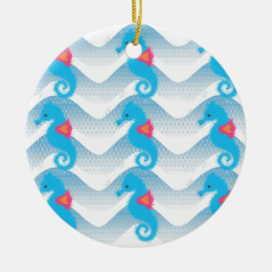 Seahorses And Blue Waves Pattern Ceramic Ornament