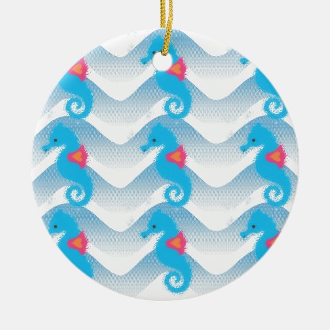 Seahorses And Blue Waves Pattern Ceramic Ornament (Front)