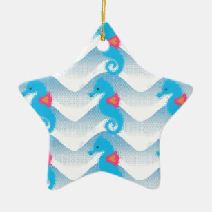 Seahorses And Blue Waves Pattern Ceramic Ornament