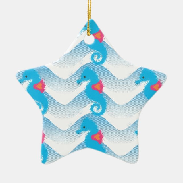 Seahorses And Blue Waves Pattern Ceramic Ornament (Front)