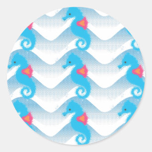 Seahorses And Blue Waves Pattern Classic Round Sticker