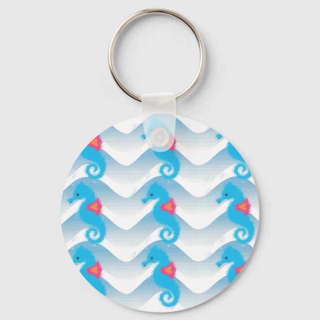 Seahorses And Blue Waves Pattern Keychain (Front)