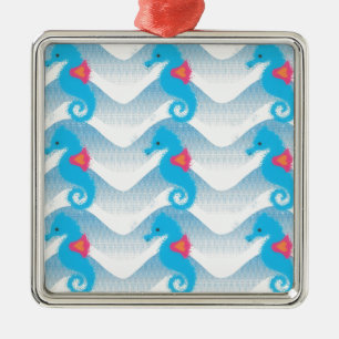 Seahorses And Blue Waves Pattern Metal Ornament