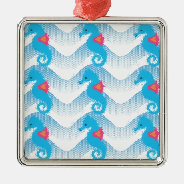 Seahorses And Blue Waves Pattern Metal Ornament (Front)