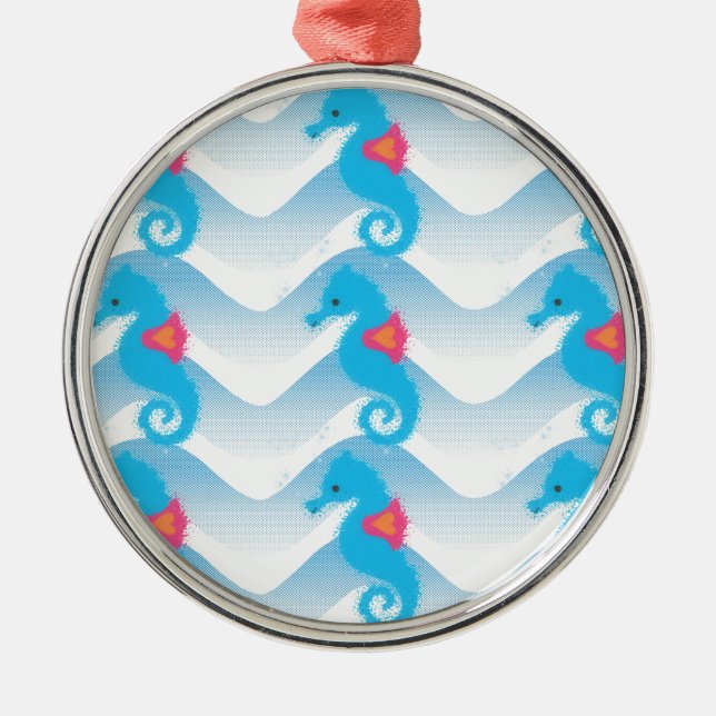 Seahorses And Blue Waves Pattern Metal Ornament (Front)