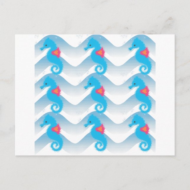 Seahorses And Blue Waves Pattern Postcard (Front)