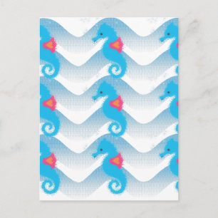 Seahorses And Blue Waves Pattern Postcard