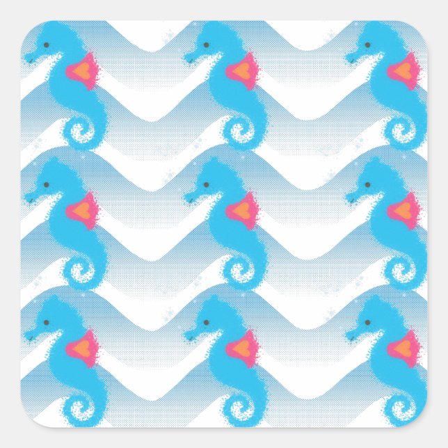 Seahorses And Blue Waves Pattern Square Sticker (Front)