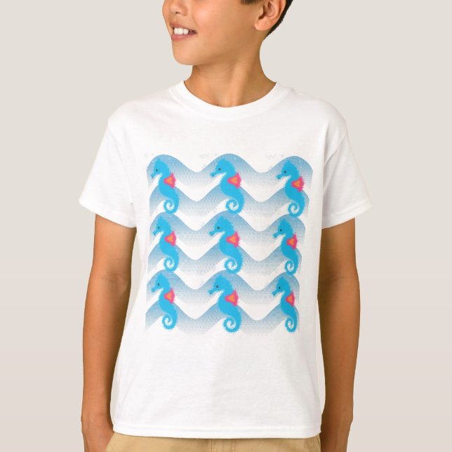 Seahorses And Blue Waves Pattern T-Shirt (Front)