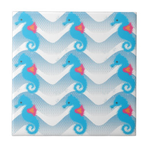Seahorses And Blue Waves Pattern Tile