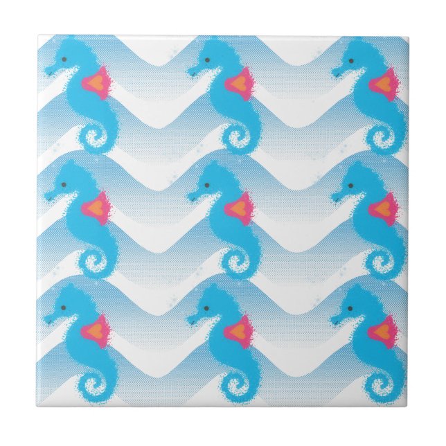 Seahorses And Blue Waves Pattern Tile (Front)