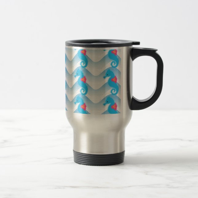 Seahorses And Blue Waves Pattern Travel Mug (Right)