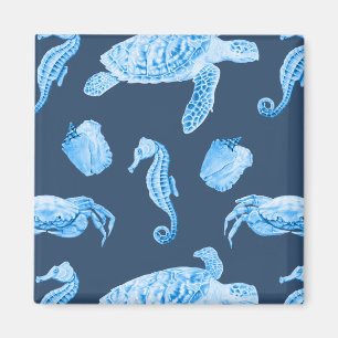 Seahorses and Sea Turtles Navy Blue Magnet