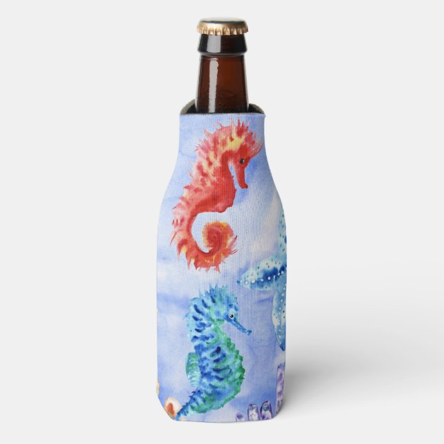 Seahorses And Starfish With Corals Pattern Bottle Cooler (Bottle Front)