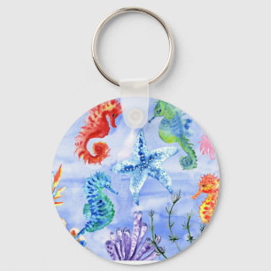 Seahorses And Starfish With Corals Pattern Keychain