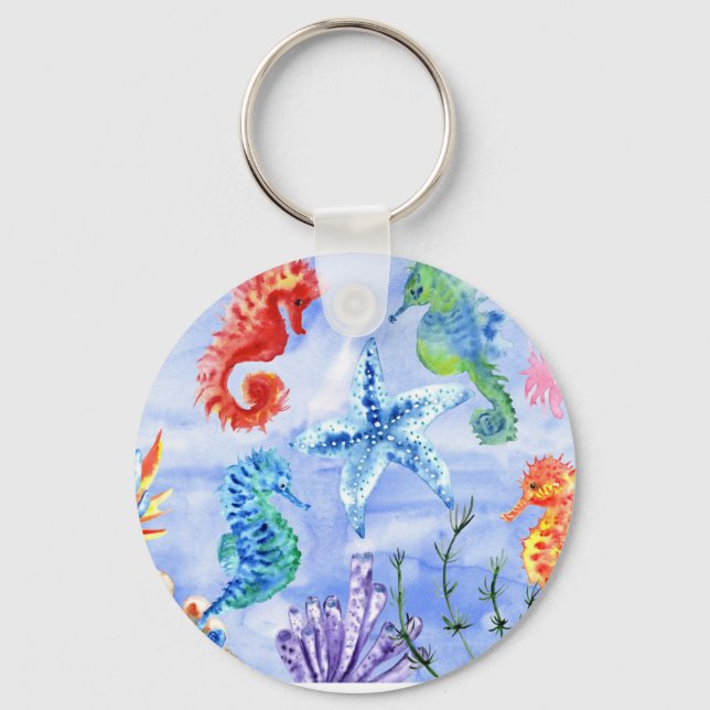 Seahorses And Starfish With Corals Pattern Keychain (Front)