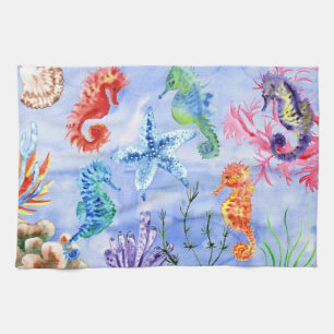 Seahorses And Starfish With Corals Pattern Kitchen Towel