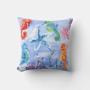 Seahorses And Starfish With Corals Pattern Throw Pillow
