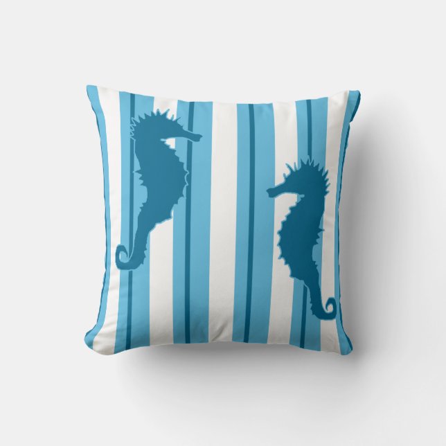 Seahorses and Stripes in Ocean Colours Throw Pillow (Front)