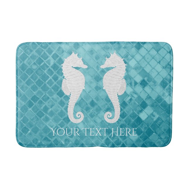 Seahorses Aqua Sea Glass Personalize Bath Mat (Front)