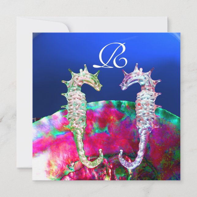 SEAHORSES BEACH WEDDING MONOGRAM, pink blue black Invitation (Front)