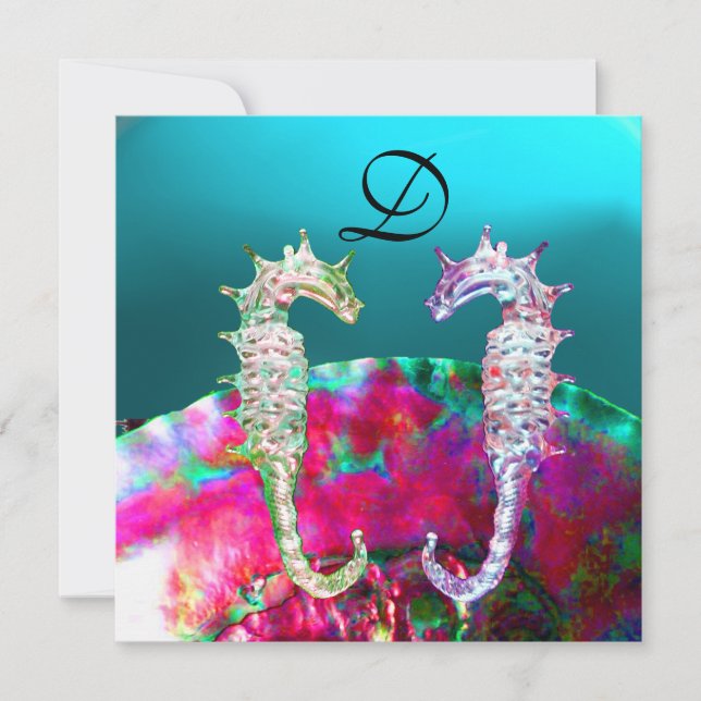 SEAHORSES BEACH WEDDING MONOGRAM, pink blue black Invitation (Front)