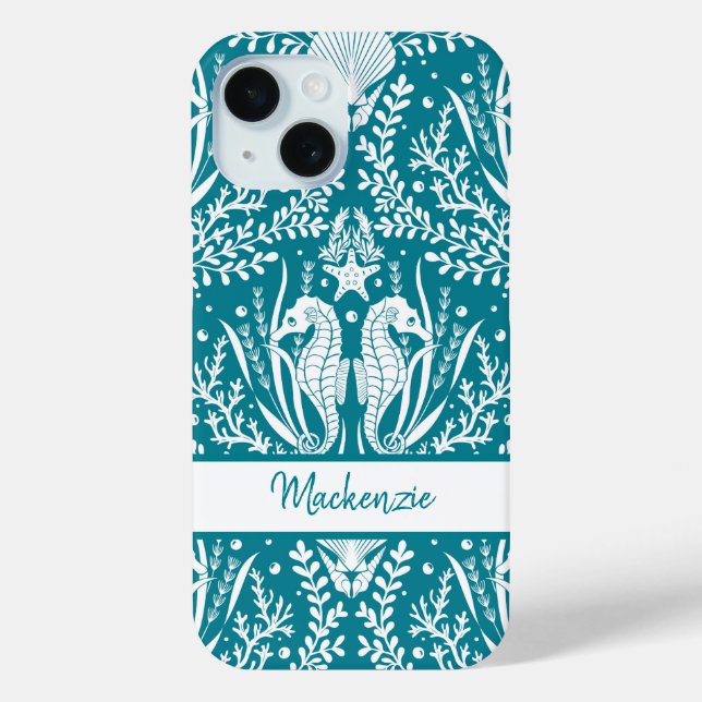 Seahorses Damask Teal Blue White Personalized Case-Mate iPhone Case (Back)
