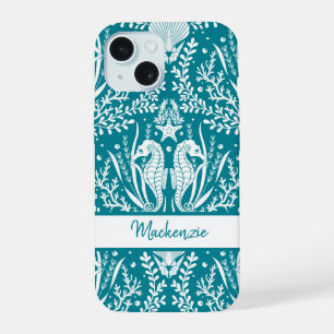Seahorses Damask Teal Blue White Personalized iPhone 15 Case
