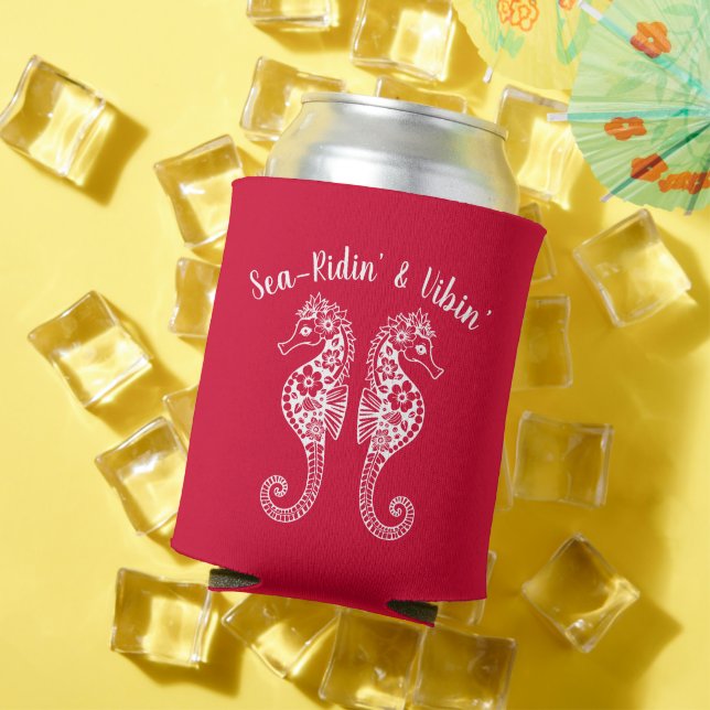 Seahorses-Fisherman Core-Hawaiian-Cherry Red Can Cooler (In Situ Summer)