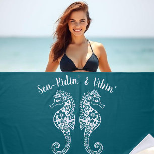 Seahorses-Fisherman Core-Hawaiian-Tropical-Teal Beach Towel