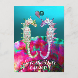 SEAHORSES IN LOVE,BLUE PINK NACRE,Save the Date Announcement Postcard