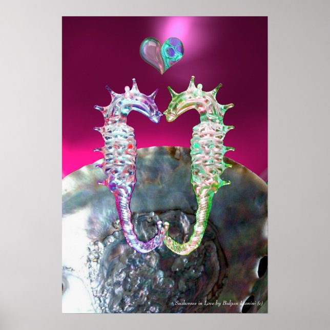 SEAHORSES IN LOVE PINK FUCHSIA MOTHER OF PEARL POSTER (Front)