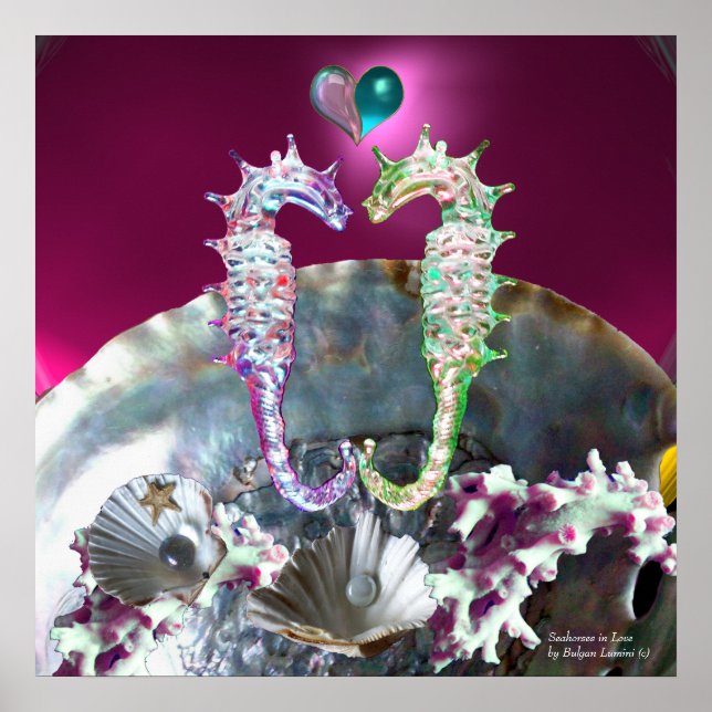 SEAHORSES IN LOVE , PINK TEAL BLUE MOTHER OF PEARL POSTER (Front)