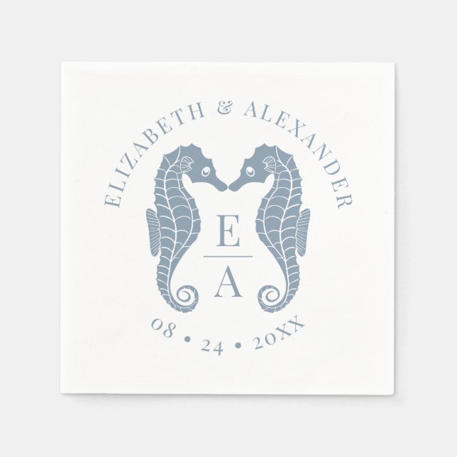 Seahorses Monogram Beach Wedding Dusty Blue Napkin (Front)
