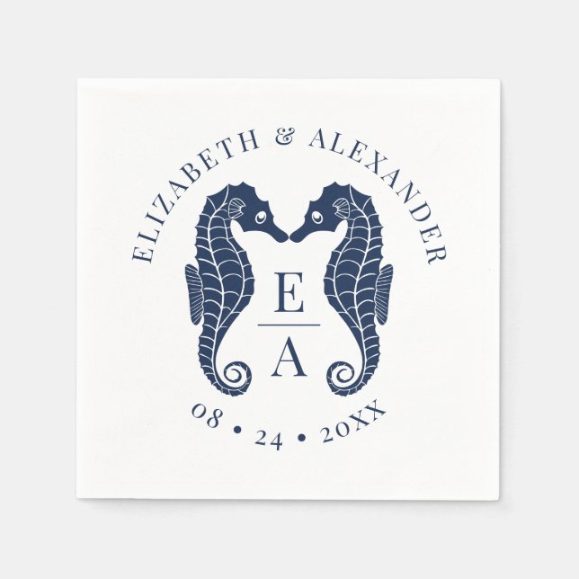 Seahorses Monogram Beach Wedding Navy Blue Napkin (Front)