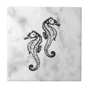 Seahorses on White Marble Tile