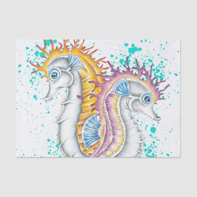 Seahorses Orange Magenta Splash Ink Tissue Paper (Front)