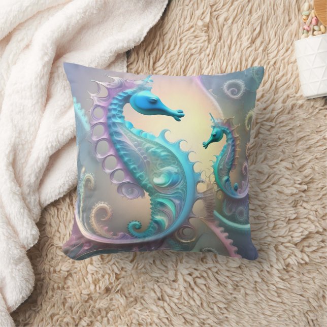 Seahorses Pastel Fractal Art, Throw Pillow (Blanket)