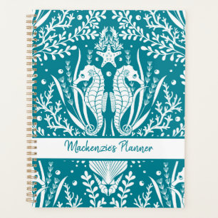 Seahorses Personalized Teal Blue White Damask Planner