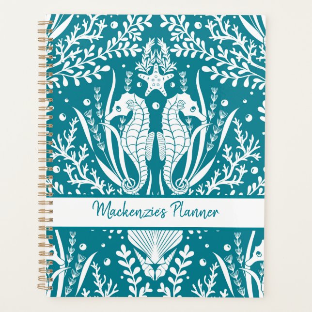 Seahorses Personalized Teal Blue White Damask Planner (Front)