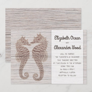 Seahorses Rustic Driftwood Wedding Invitation