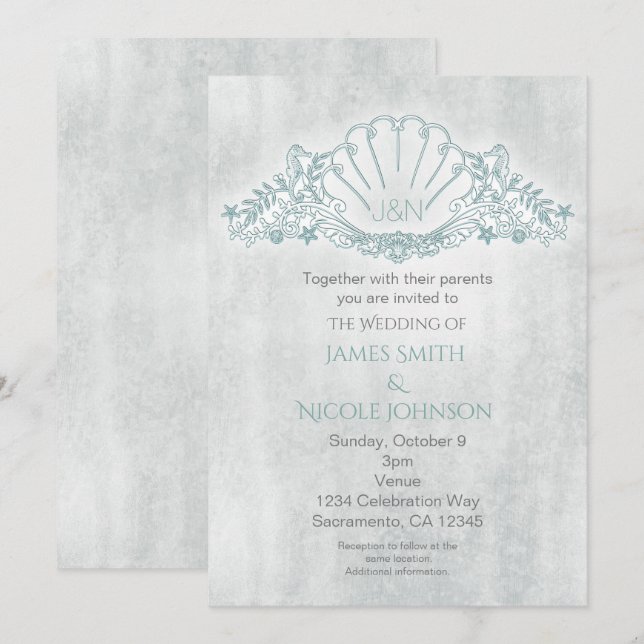 Seahorses & Seashell Beach Wedding Invitations (Front/Back)