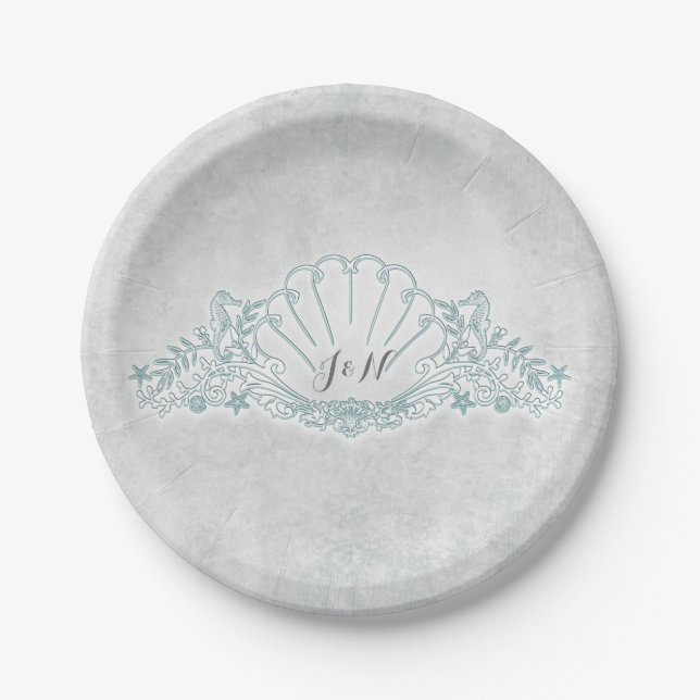 Seahorses & Seashell Beach Wedding Reception Paper Plate (Front)