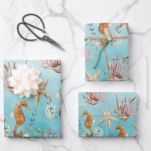 Seahorses Starfish Under The Caribbean Blue Sea Wrapping Paper Sheet (Front)