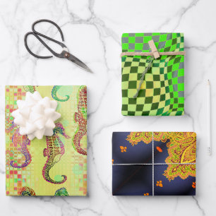 Seahorses, Taffi Op Art & Cardiff Sampler Wrapping Paper Sheet